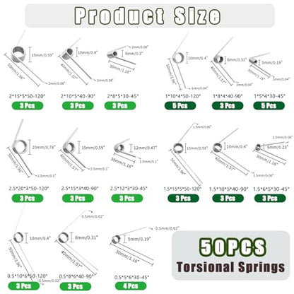 50Pcs Torsional Springs Assortment Kit 15 Sizes 304 Stainless Steel,45/90/120 Degree for Home Repairs & DIY Springs Assortment