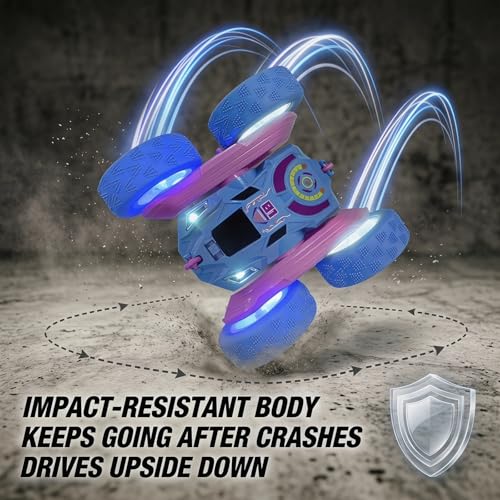 2.4GHz RC Stunt Car with LED Wheels 4WD Double Sided | Glowing LED Tires, 360° Spin & Rollover, 60 Min Total Play with 2 Batteries, USB-C Fast Charging, Gift for Holidays - color: Blue - Led Wheels