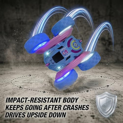 2.4GHz RC Stunt Car with LED Wheels 4WD Double Sided | Glowing LED Tires, 360° Spin & Rollover, 60 Min Total Play with 2 Batteries, USB-C Fast Charging, Gift for Holidays - color: Blue - Led Wheels