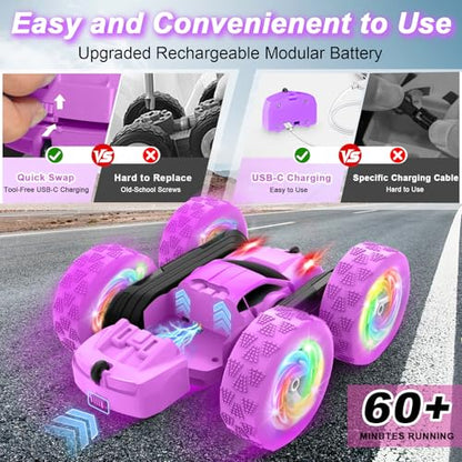 Remote Control Car, Outdoor Toys RC Cars for Kids Ages 6-12, 4WD Double Sided Stunt Vehicle with Upgraded USB-C Modular Batteries, 5 6 7 8 9 10+ Year Old Boy Birthday Purple - color: Purple
