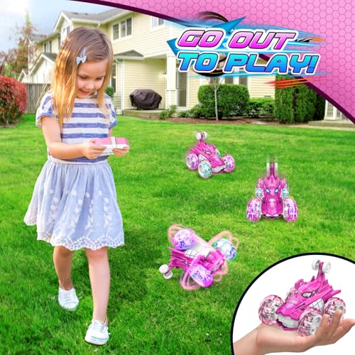 Remote Control Car, 360° flips 2.4GHz Fast Stunt Rechargeable 4WD Double Sided RC Car Toys for 3 4 5 6 7 8 Year Old Gilrs Boys, Fun Outdoor Birthday Xmas Halloween Easter Gifts for Girls 3-8 Year Old - color: Pink & White
