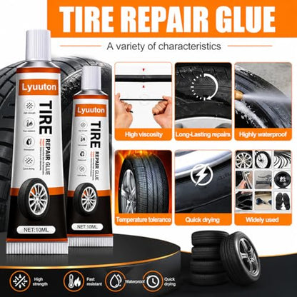 Tire Repair Kit with Tire Glue & Rubber Cement - Heavy Duty Tire Repair Glue for Car, Truck, Motorcycle - Fix a Flat Tire Sealant & Puncture Plug Kit - Durable Tire adhesive Sidewall Repair 2pcs