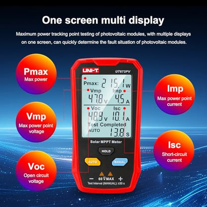 UNI-T UT673PV Solar Panel Tester, Solar MPPT Meter, 800W Photovoltaic Module Maximum Power Tester, Intelligent Manual/Auto MPPT Test, Large LCD and Multiple Result Displays