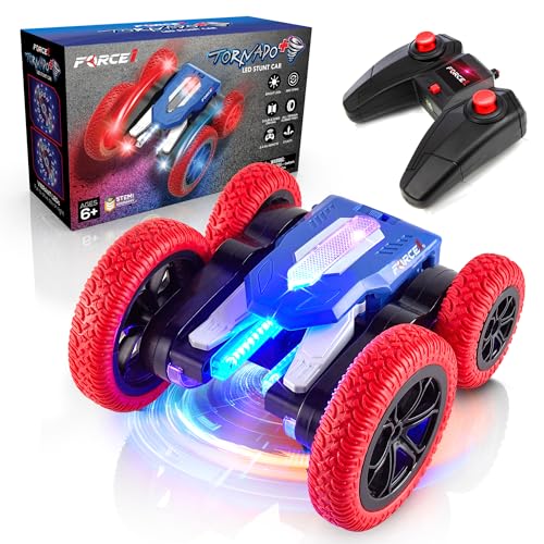 Force1 Tornado+ Remote Control Car for Kids- Double Sided Fast RC Cars with LED Interactive Display, 4WD Off-Road Stunt Car 360 Flips, All Terrain Tires, RC Crawler Rechargeable Battery, 2.4GHz Remote - color: Red Blue Tornado+