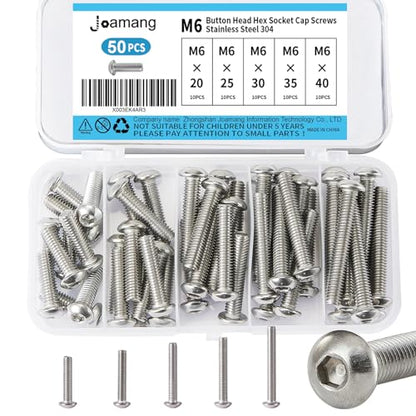 M6 x 20mm 25mm 30mm 35mm 40mm Button Head Socket Cap Screws Bolts, Stainless Steel 304, Metric Allen Hex Drive, Bright Finish, Fully Threaded, Assortment Kit 50PCS - size: Button M6x20-40 mm
