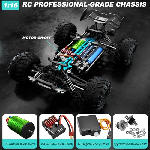 1:16 Scale Brushless RC Car for Adults, 45+ MPH High Speed, 4WD Waterproof Off-Road All-Terrain RC Truck with 2 Batteries & 2.4GHz Controller (1:16 Scale Brushless)
