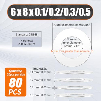 Shim Washer 6 x 8 Precision Spacers Kit 20 Units x0.1/0.2/0.3/0.5mm 304 SS | 80 Pcs 0.1-0.5mm Thick 304 Stainless Steel Flat Shim for Bearings Gearboxes CNC & RC Tuning, DIN 988 - size: 6 x 8 x 0.1/0.2/0.3/0.5mm