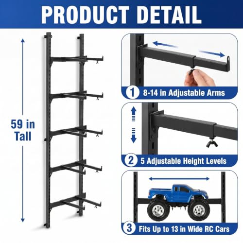 AceOrbit RC Car Stand Wall Mount 5 Layer Adjustable RC Car Racks Storage Display with Screws Crawler Trucks Workstation Model Shelf Wall Hanger for 1/6, 1/10, 1/12, 1/18, 1/24, 1/32 Scale Cars Trucks