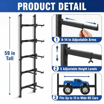 AceOrbit RC Car Stand Wall Mount 5 Layer Adjustable RC Car Racks Storage Display with Screws Crawler Trucks Workstation Model Shelf Wall Hanger for 1/6, 1/10, 1/12, 1/18, 1/24, 1/32 Scale Cars Trucks
