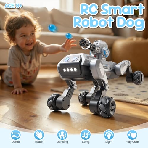 Smart Robot Dog RC Stunt Car Toys with Wheels, Remote Control STEM Pet Robot Toy with Music,Bionic Actions,Voice& Remote Control,Gesture Sensing,All-Terrain Stunt Pet Toy with Blaster foy Kids - style: Robot Dog with Wheels