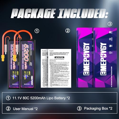 11.1V Lipo Battery 3S 5200mAh 80C Lipos Hard Case with XT60 Connector for RC Car Trucks 1/8 1/10 RC Vehicles(2 Packs) - color: Hardcase-2
