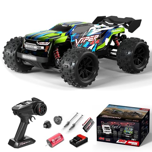 Brushless RC Cars for Adults, 1/16 Scale RC Truck, 55KM/H High Speed Remote Control Car, 2.4GHz 4WD All Terrains Off-Road RC Monster Truck with LED Light and Rechargeable Battery (Green) - size: 1 Battery