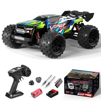 Brushless RC Cars for Adults, 1/16 Scale RC Truck, 55KM/H High Speed Remote Control Car, 2.4GHz 4WD All Terrains Off-Road RC Monster Truck with LED Light and Rechargeable Battery (Green) - size: 1 Battery