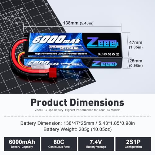 Zeee 2S Lipo Battery 6000mAh 80C 7.4V with T Connector (2 Pack) | Hard Case RC Battery for 1/8 Scale RC Car RC Airplane RC Helicopter RC Boat