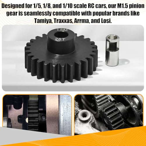 M1.5 26T Pinion Gear 8mm Bore with 8mm to 5mm Shaft Adapter Sleeve, Chromium Steel Motor Gear with Set Screw & Hex Key for Traxxas ARRMA Losi 1/5 1/8 RC Cars - size: 26T