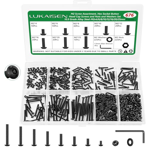 676PCS M2 Screw Assortment Kit, 10.9 Alloy Steel Hex Button Cap Bolts | M2x4/6/8/10/12/16/20/25mm, With Nuts & Flat Washers & Lock Washers & Wrench, Black Zinc Plated , for 3D Printing, DIY, Home - size: M2 676pcs 2