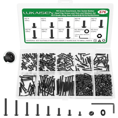 676PCS M2 Screw Assortment Kit, 10.9 Alloy Steel Hex Button Cap Bolts | M2x4/6/8/10/12/16/20/25mm, With Nuts & Flat Washers & Lock Washers & Wrench, Black Zinc Plated , for 3D Printing, DIY, Home - size: M2 676pcs 2