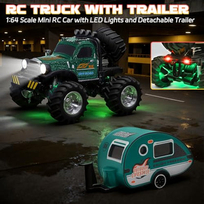 Snugzy Kids Mini RC Car 1:64 Scale RC Truck with Trailer 2.4Ghz Remote Control Rechargeable RC Cars Toy Gifts for Boys Girls (Green) - color: Green