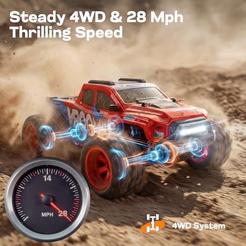 Vroomix 1:16 4WD RC Car, Red Remote Control Light Hobby Racing Monster Truck Toy Gift for Kids, 3 Driving Modes, Up to 28 Mph, 35 Mins, 110 Ft Range, Toy Truck for Boys Age 8-12 & Adults - color: Red