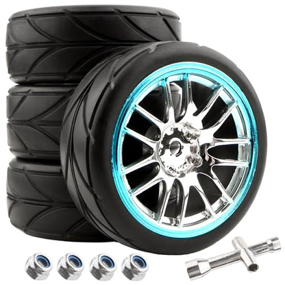 RC 1/10 Scale On Road Tires OD2.55 Replacement Rubber Wheel Rims 12mm Hex Compatible with Traxxas 4 Tec 2.0 Tamiya TT01 XV01 Kyosho WR8 Sakura WLtoys HPI Touring Racing Car - color: Blue