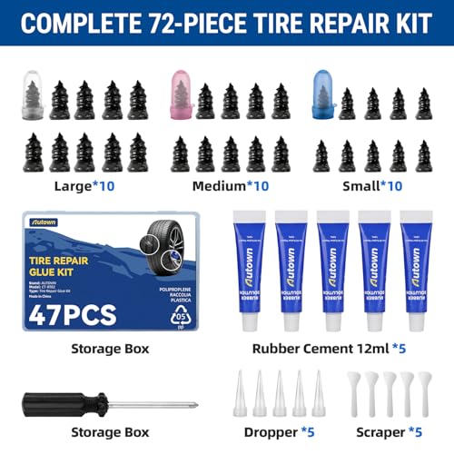AUTOWN 47PCS Tire Repair Rubber Nail Kit - Complete Screw Plug Kit with Glue, Fast Fix for Flat Tires on Car, Truck, Motorcycle, SUV & More - size: 47PCS