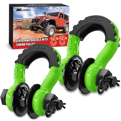 Nilight 3/4" D-Ring Shackle with Snatch Block, Heavy Duty Recovery Set | 9,500 lbs WLL Winch Pulley, Fits Synthetic Rope & Steel Cable, Truck Jeep ATV UTV, 2Pcs Kit Green - color: Green 3/4" w/Towing Pulley 2 Pack, size: Shackle