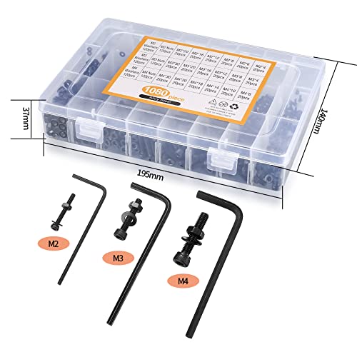1080 Pcs M2 M3 M4 Hex Button Socket Head Cap Screws Bolts Nuts Flat Washers Assortment Kit, Alloy Steel Black Machine Screws and Nuts and Bolts and Washers Set (1080Black) - color: 1080Black