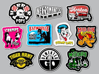 Rockabilly/Psychobilly Sticker Pack (10 Stickers) Set 1 Vintage neobilly horrorpunk Undead Skeleton Devil Ghoul Spooky Macabre Custom Hotrod Cult Garage Revival Psycho Thrash Sticker Decal Pack