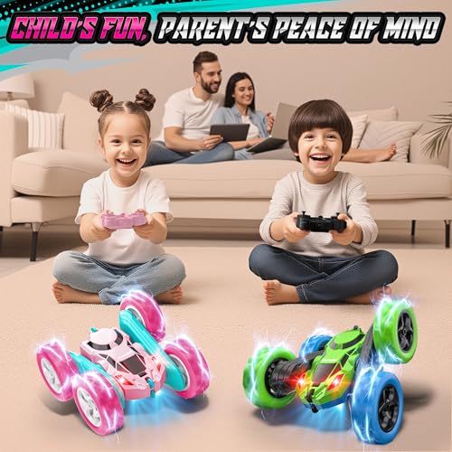 Hamdol Pink RC Car for Girls Age 6+, 360° Rotating Stunt Remote Control Vehicle with LED Lights, Upgraded 4WD USB-C Rechargeable Electric Toy, Perfect Birthday, Holiday - color: Pink, size: Pro (USB-C & Modular Battery)