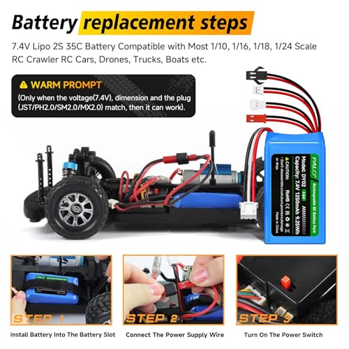 2 Pack 7.4V 2S Lipo SCX24 Battery 35C(Brust 70C) 1200mAh Batteries with PH2.0 JST SM2.0 MX2.0 Plug Connector Fit for Axial SCX24 Most 1/10, 1/16, 1/18, 1/24 Scale RC Crawler RC Car, Truck, Boat, Drone
