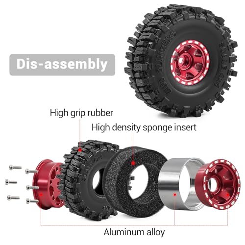 1.0" Beadlock Aluminum Wheels and 64mm Soft Rubber Tires | for SCX24, TRX4M, Ascent 18, FCX24, 1/18 1/24 RC Crawler, 7mm Hex, 0mm Offset, with Foam Inserts, (Red) - color: Red