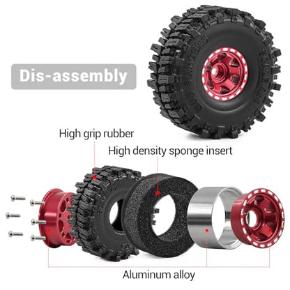 1.0" Beadlock Aluminum Wheels and 64mm Soft Rubber Tires | for SCX24, TRX4M, Ascent 18, FCX24, 1/18 1/24 RC Crawler, 7mm Hex, 0mm Offset, with Foam Inserts, (Red) - color: Red