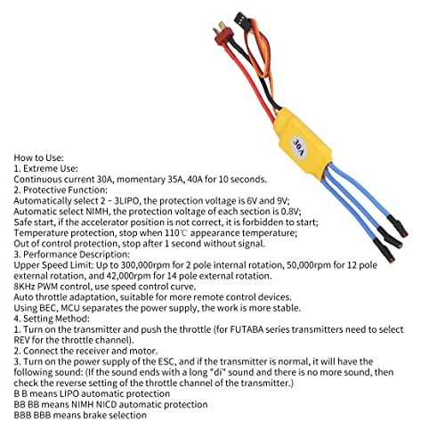 Brushless Motor ESC 30A 300000RPM High Speed Multi-Protection Auto Throttle Brushless Electronic Speed Controller for 2 Pole Internal Rotation Motor