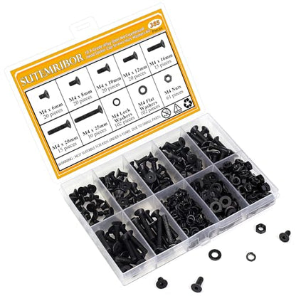 385 Pieces M4 Screws Nuts Washers Set Black, Sutemribor M4 x 6/8/10/12/16/20/25mm Countersunk Head Socket Cap Screws Nuts Washers Assortment Kit, 10.9 Grade Alloy Steel, Fully Threaded - size: M4, style: Countersunk Head Socket Cap