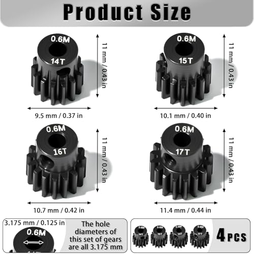 4Pcs 0.6M Hardened Steel Pinion Gear Set 3.175mm 14T 15T 16T 17T Motor Pinion Gear with M4 Screw and Hex Key, Fit 3.175mm (1/8-Inch) Shaft, for Arrma HPI Kyosho Losi Axial Traxxas Tamiya 1/10 RC Car - size: 0.6M-P-3.175mm-14-17T