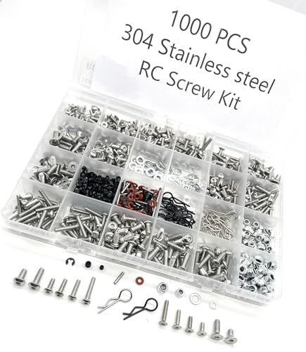 1000pcs Universal RC Screw Kit Screws Assortment Set, Hardware Fasteners for Traxxas Axial Redcat HPI Arrma SCX10 Losi 1/8 1/10 1/12 1/16 Scale RC Cars Trucks Crawler (1000pcs 304 Stainless Steel) - style: 1000pcs 304 Stainless steel