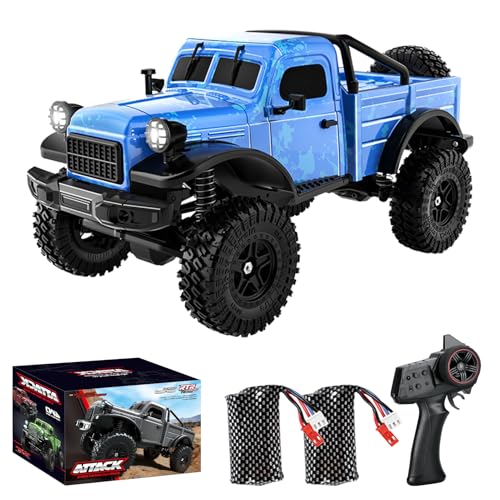 1:18 Scale All Terrain Remote Control Car, 2.4 GHz 4WD RC Rock Crawler with LED Lights, 12KPH Off-Road Pickup Truck Vehicle Toys RTR Gift for Adults - color: Blue, size: 2 Battery