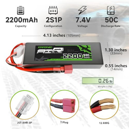 OVONIC 2s Lipo Battery 50C 2200mAh 7.4V Lipo Battery Soft Case with Dean-Style T Connector for Evader BX Car Truc Truggy Airplane UAV Drone FPV(2 Packs)