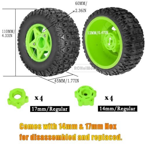 RC 12mm/14mm Hex Wheels & Tires for 1/10 RC Scale Truck,RC Truck Tires for 1/10 Slash 2WD 4×4 Senton Axia1 L0SI Red cat Rc 4wd,4PCS,Green - color: Green(4pack)