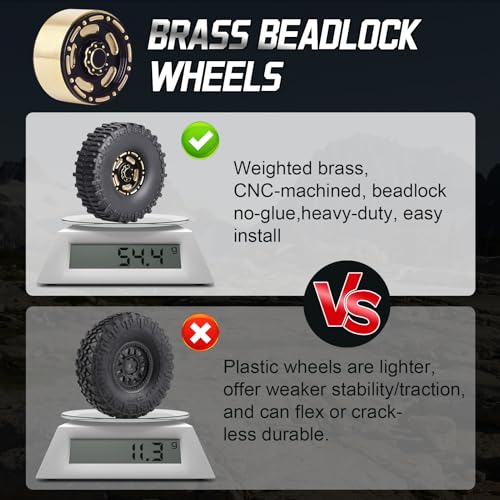 HobbyPark Brass 1.0 Beadlock Wheels & Tires for 1/18 TRX4M Upgrades Parts 1/18 SCX24 1/24 RC Crawler Replacement, Set of 4 (Type C) - style: Type C