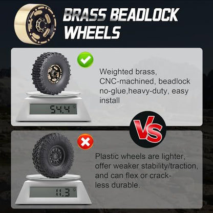 HobbyPark Brass 1.0 Beadlock Wheels & Tires for 1/18 TRX4M Upgrades Parts 1/18 SCX24 1/24 RC Crawler Replacement, Set of 4 (Type C) - style: Type C