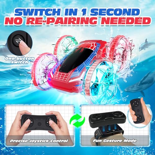 Tecnock Amphibious Remote Control Car Boat, 4WD Gesture RC Cars with Magnetic Charging, 60 Min Playtime, LED Lights, Pool Toys for Kids Ages 6-12, Gift Toys for Boys Girls - color: Red