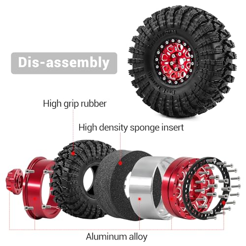 1.9" Beadlock Aluminum Wheels and 120mm Soft Rubber Tires | for SCX10 TRX4 1/10 RC, 12mm Hex, 0mm Offset, with Foam Inserts, RC Crawler Upgrade Parts (Red-2) - color: Red-2