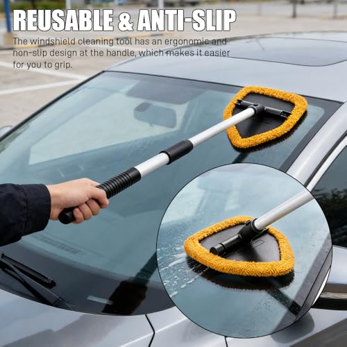 Windshield Cleaner Tool, Windshield Cleaning Tool, Car Window Detailing Cleaning Kit with Extendable Handle and Reusable Microfiber Pads, Auto Glass Wiper Brush for Car Office Home (Orange) - color: Orange
