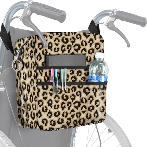 Vive Wheelchair Bag - Machine Washable, Double-Stitched, Water-Resistant Accessory Backpack for Rollators, Wheel Chairs, Walkers - Pouch with XL Pockets & Straps for Quick Installation - color: Leopard