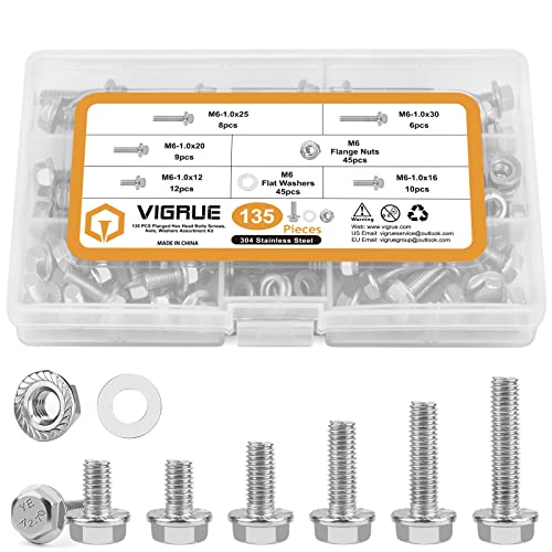 M6-1.0 x 12/16/20/25/30mm Flanged Hex Head Bolts, VIGURE 135PCS M6 Flange Hexagon Screws Serrated Flange Nuts Washers, Stainless Steel 18-8 (304), DIN 6921 - size: M6-1.0