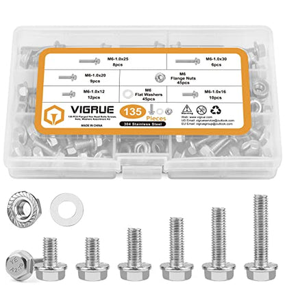 M6-1.0 x 12/16/20/25/30mm Flanged Hex Head Bolts, VIGURE 135PCS M6 Flange Hexagon Screws Serrated Flange Nuts Washers, Stainless Steel 18-8 (304), DIN 6921 - size: M6-1.0