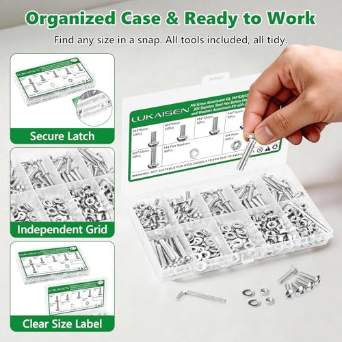 271 Pcs M4 Hex Button Cap Screws Nuts Washers Wrench Kit, 304 SS | With Flat Washers & Wrench, Metric Fasteners for Furniture, Cabinet Handles & DIY, 6mm-30mm,Clear Label Storage Box - size: SS M4 271pcs 2