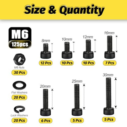 Kadrick M6 Screws Kit 125PCS, Optimized Socket Head Cap Screws Assortment with Higher Screw Ratio, Class 12.9 Alloy Steel, Black Zinc Plated M6 Bolts Nuts & Washers for Mechanical, Repair & DIY Use - size: M6 125Pcs New