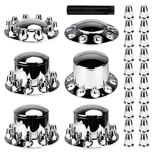 Aeagle Dome Axle Cover Combo Kits for Semi Truck Hubs w/Screw-On 33mm Lug Nut, ABS Plastic Chrome Plated, 2 Front & 4 Rear, 10 Hole Removable Caps, 6Pcs - color: Front & Rear Dome